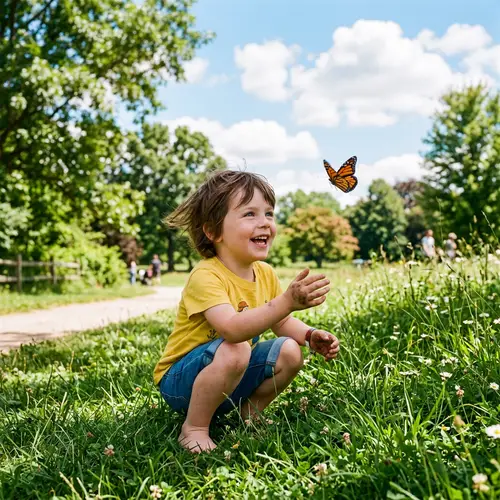 Joyful Caucasian Child Playing in Sunny Green Park | Nature Exploration