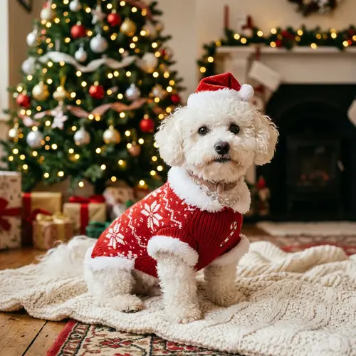 Adorable Bichon Frise Dog in Christmas Costume
