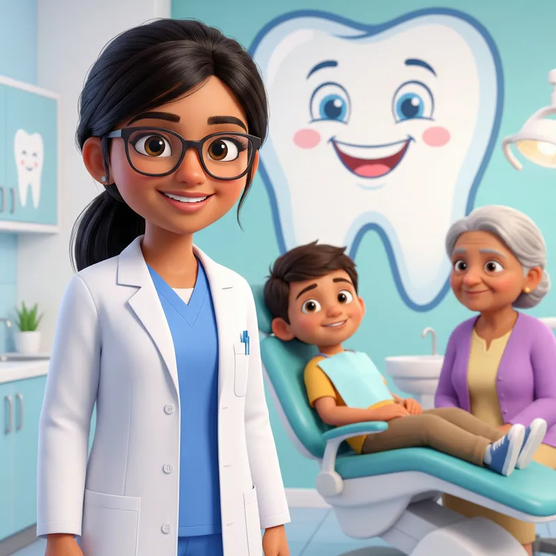Teen Female Dentist in Clinic - High-Quality Cartoon