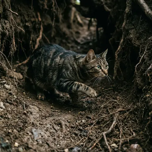 Sleek Striped Domestic Cat in Intense Hunting Pose