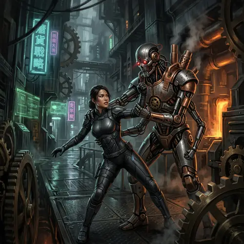Asian Secret Agent Captured by Menacing Robot in Futuristic Cyberpunk Scene