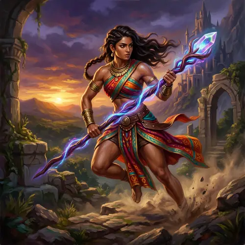 Powerful South Asian Female Warrior with Vibrant Staff
