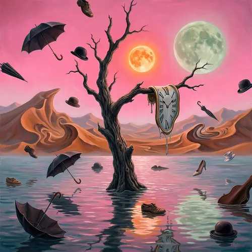 Surrealism Art: Multiverse with Melting Clock, Floating Objects