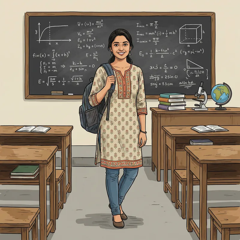 Beautiful Indian Teen Girl in Classroom Illustration