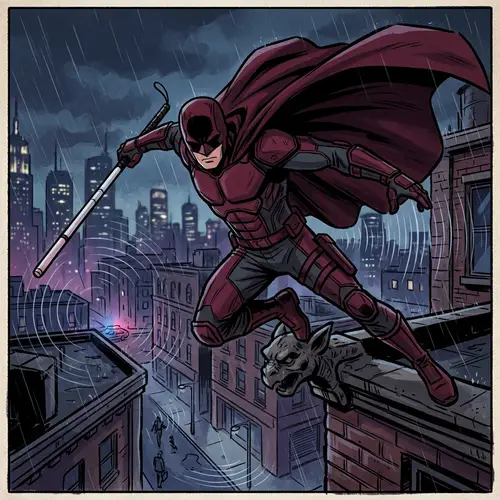 Blind Superhero | Dynamic Pose | Dark Crimson | Comic-Inspired