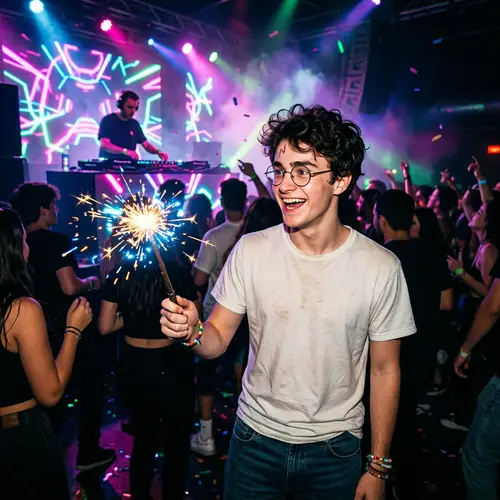 Exciting Wizard at Neon Rave Party - Sparkling Magic Wand!