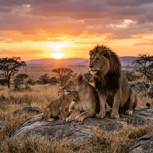 Realistic Lion Family at Sunset