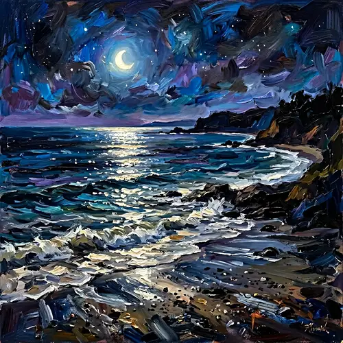 Serene Night Seascape | Impressionism Style Art with Moonlight Reflections