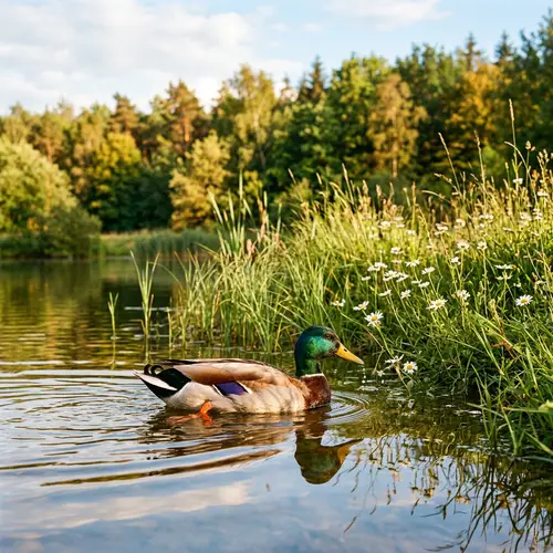 Vibrant Duck Frolicking by Serene Pond