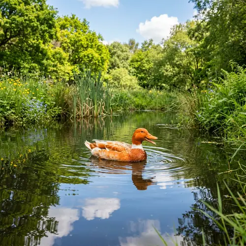 Friendly Duck Floating in Serene Pond - Tranquil Countryside Scene