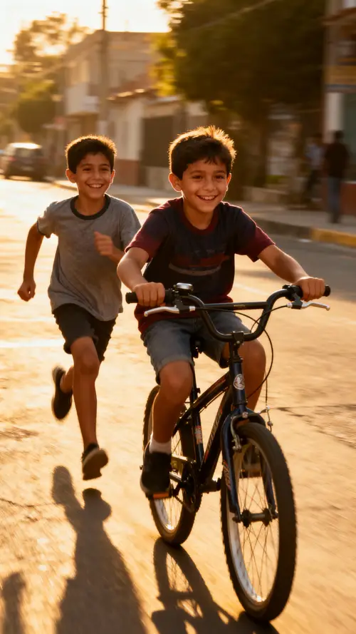 Javier Riding Bike with Friend - Childhood Memories