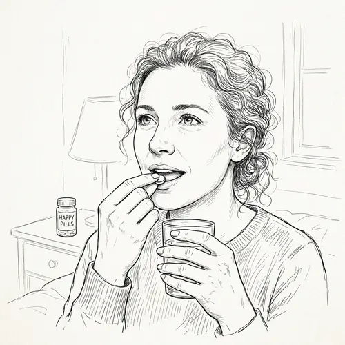 Woman Taking Happy Pill - Fine Line Art