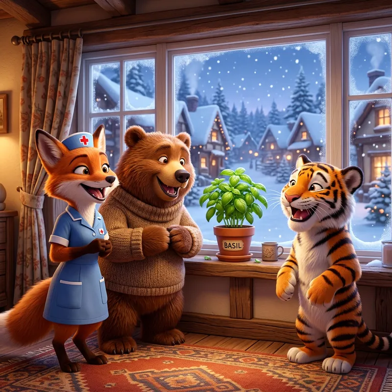 Whimsical Winter Fun: Vixen, Bear & Tiger in Pixar Style