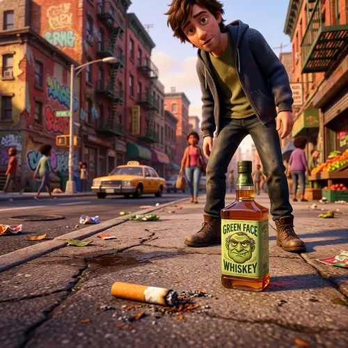 Vivid Pixar Scene: Cigarette & Whiskey on City Street