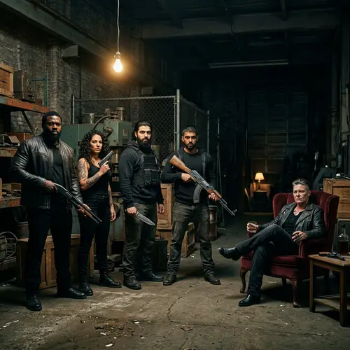 Intense Gathering of Mobsters in Old Warehouse