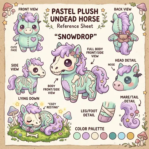 Chibi Undead Skeleton Plush Horse Reference Sheet in Soft Pastel Colors