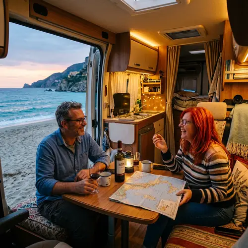 Tom and Ela, 50 Years Old with Glasses, Enjoying Ducato Motorhome at Italian Beach