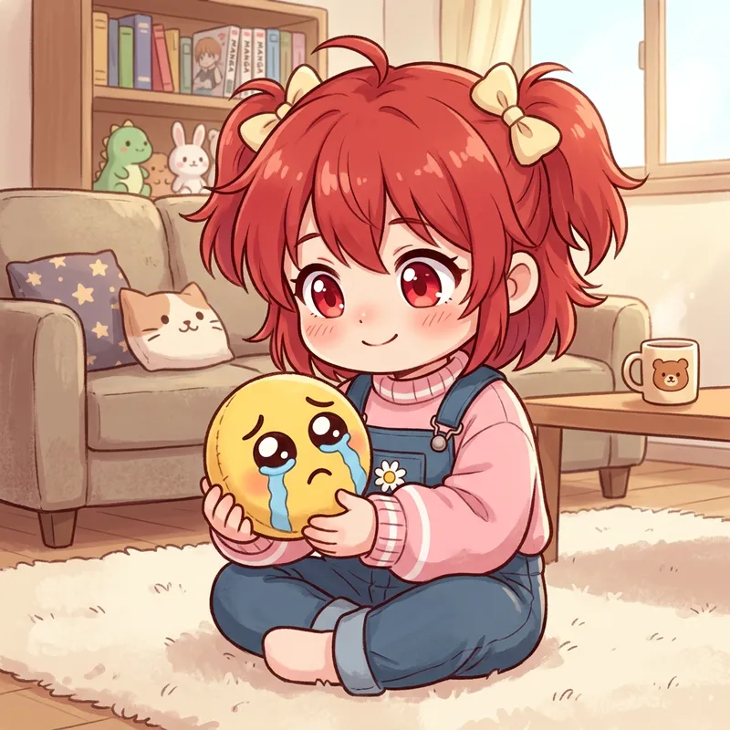 Charming Red-Haired Chibi Girl Embracing Crying Emoji Plushie Charming Red-Haired Chibi Girl Embracing Crying Emoji Plushie