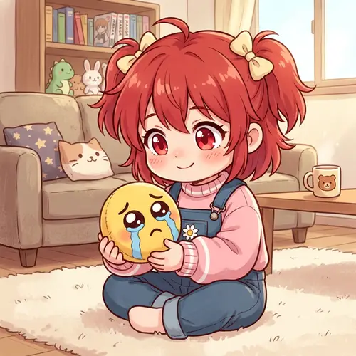 Charming Red-Haired Chibi Anime Girl with Crying Emoji Plushie