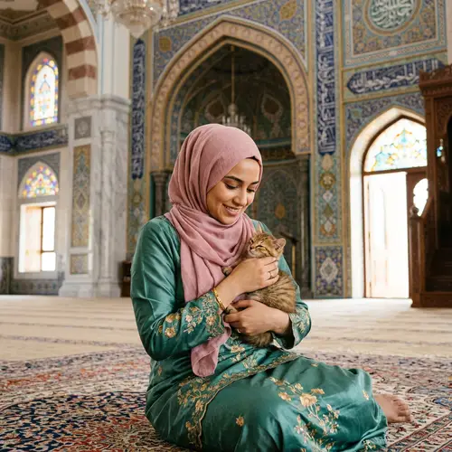 Middle-Eastern Woman in Traditional Baju Kurung with Kitten in Mosque