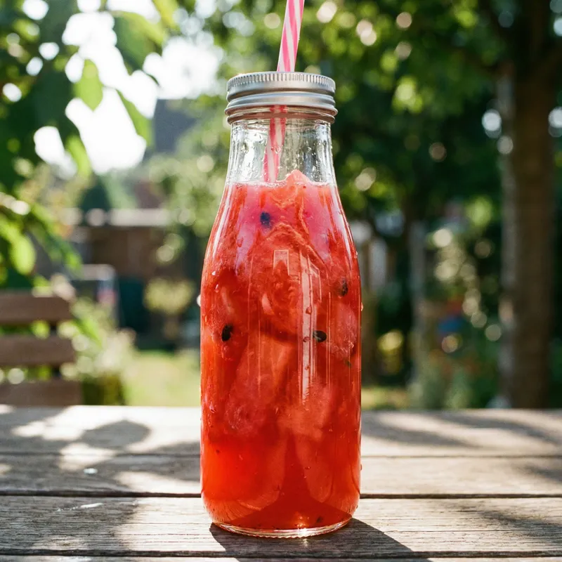 Freshly Squeezed Watermelon Juice in Clear Glass Bottle