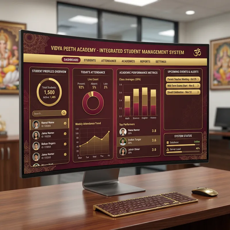 Royal Hindu-Inspired Student Data Management Dashboard in Maroon & Gold