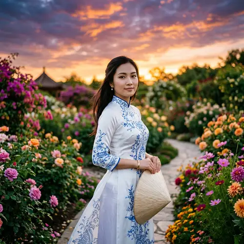 Tranquil Ao Dai Portrait in Flower Garden at Sunset