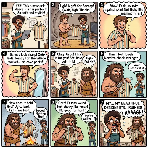 Comic Strip: Fashion Designer vs. Caveman Adventures