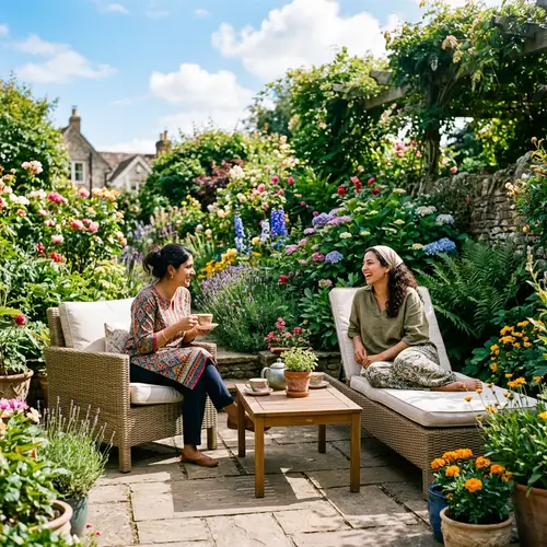 Serene Outdoor Living Space with Two Women Having a Friendly Conversation