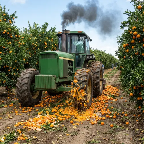 Dramatic Scene: Mechanical Tractor Crushing Tangerines