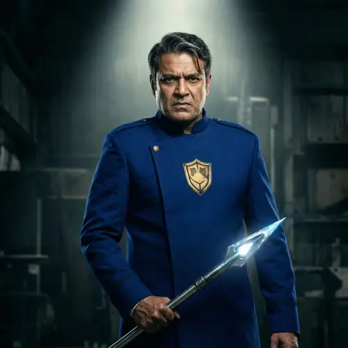 Fictional Hero in Royal Blue Uniform with Futuristic Spear