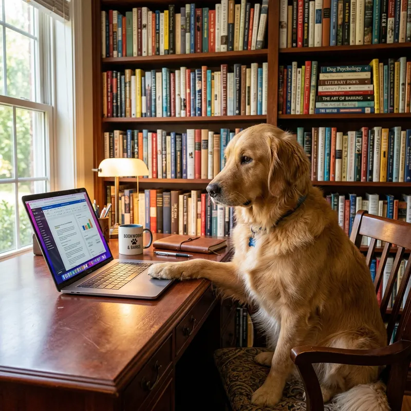Golden Retriever Dog with Laptop on Desk Golden Retriever Dog with Laptop on Desk