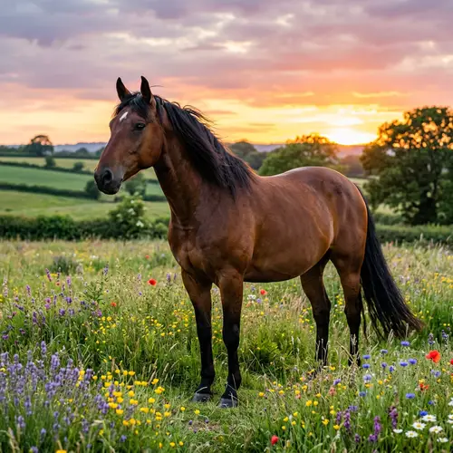 Beautiful Horse in Plush Green Pasture | Golden Sunset View