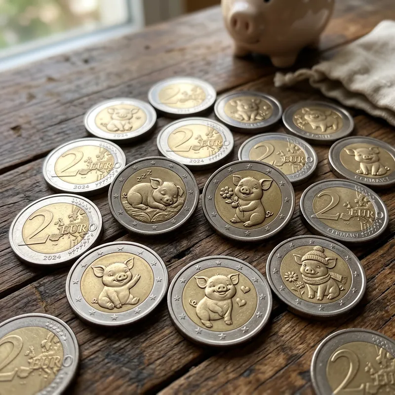2 Euro Coins with Mini Pigs - Collectible Currency Feature