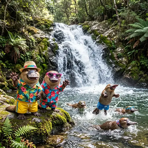 Charming Platypuses Beach Party by Waterfall