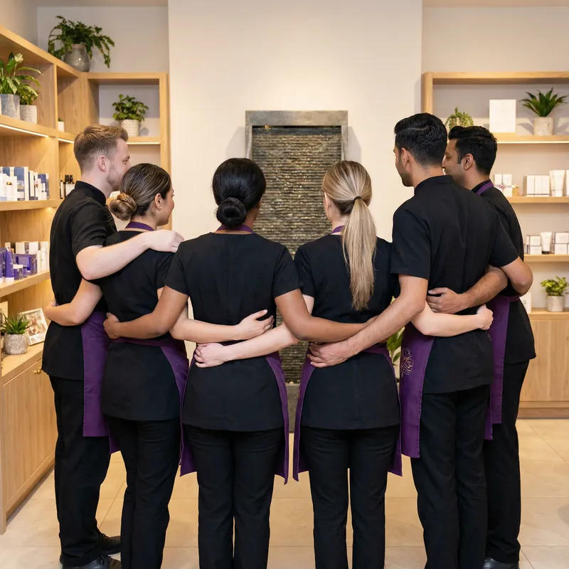 Beauty Therapists in Unity: Black and Purple Uniforms