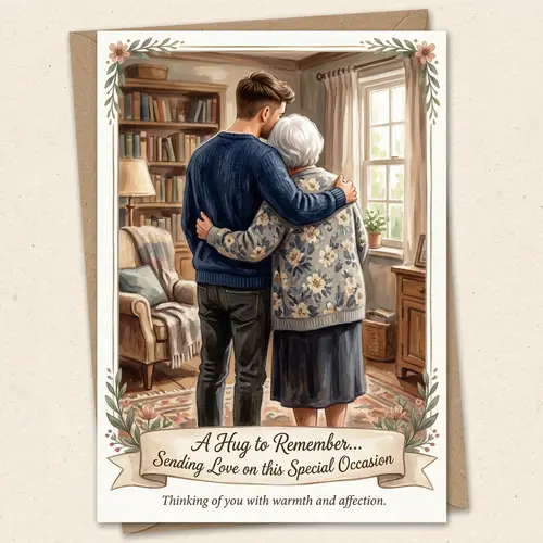 Emotional Hug of Young Man and Grandma | Heartwarming Card Style Art