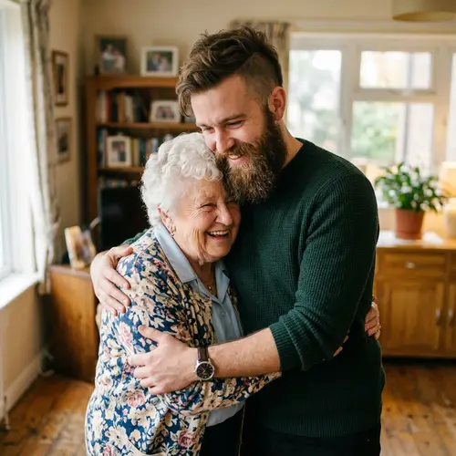 Young Man Hugging Grandmother - Heartwarming Moment