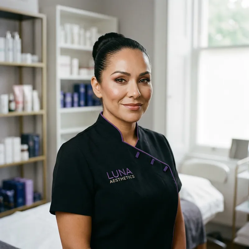 Female Beauty Therapist in Black and Purple Uniform: Expert Makeup & Confidence