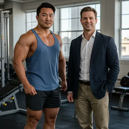 Strong Duo: Buff Men in Gym and Work Attire