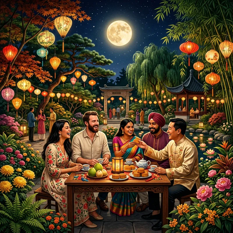 Mid-Autumn Festival Holiday Scene with Diverse Cultural Celebration