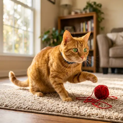 Playful Orange Tabby Cat with Vibrant Green Eyes | Cozy Home Environment