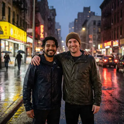 Urban Friendship Scene: Hispanic & Caucasian Friends in Rain
