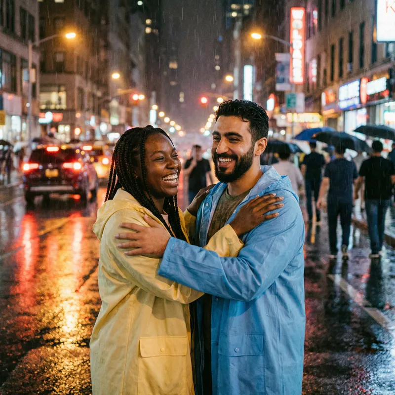 Joyful Friends Embracing in Rainy City