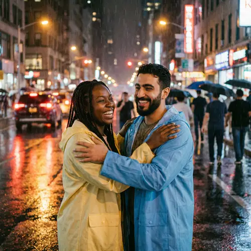 Joyful Black Woman and Middle-Eastern Man Embracing in City Rain