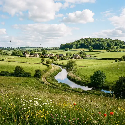 Tranquil Countryside Landscape: Green Fields & Cozy Farmhouses