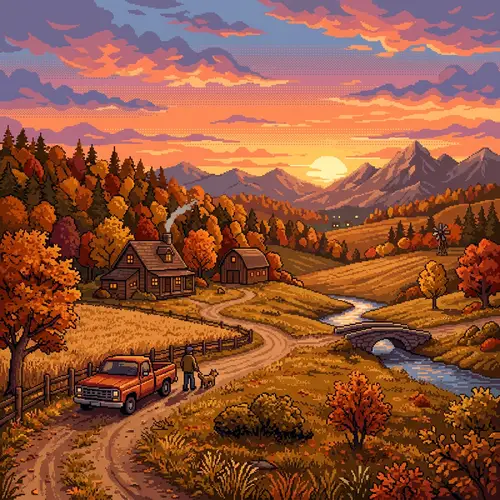 1980s Countryside Landscape Pixelart Illustration at Sunset