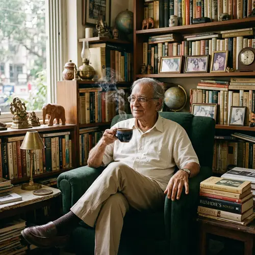 Wise South Asian Elder Enjoying Tea amidst Books and Curios