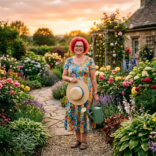 Betty: Colorful Gardener with Red Hair and Flowers in Backyard