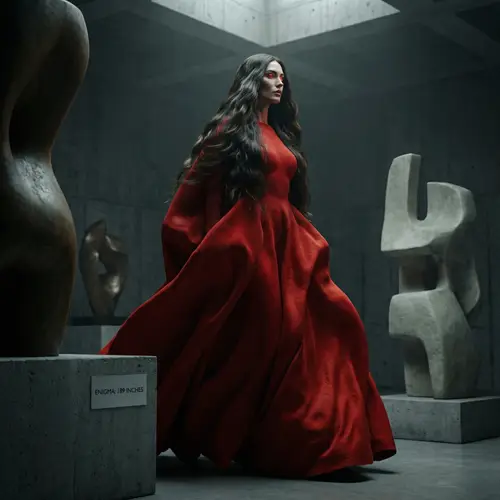 Towering Beauty: Enigmatic Woman Captured in Red Dress